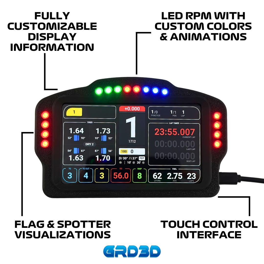 GRD3D Sim Racing Dashboard - 5-Inch Touch Display, 16 RGB LEDs for RPM & Alerts, SimHub Compatible- Square Version