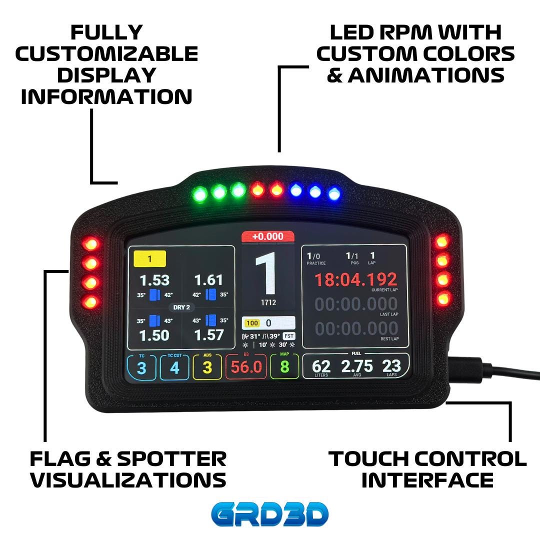 GRD3D Sim Racing Dashboard - 5-Inch Touch Display, 16 RGB LEDs for RPM & Alerts, SimHub Compatible- Curved Version