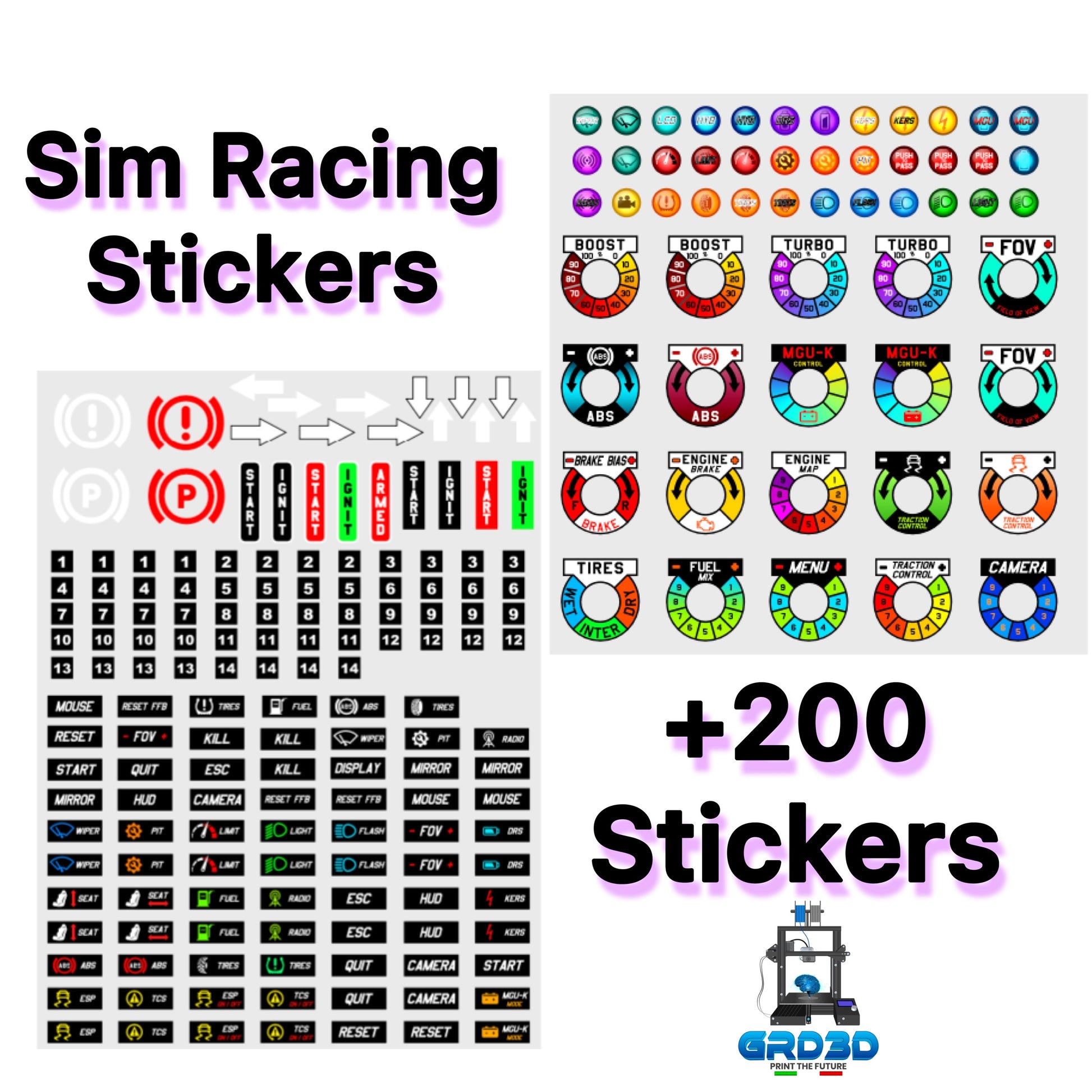 Sim Racing Stickers, 203 pz. for Steering Wheels and Button Box – GRD3D